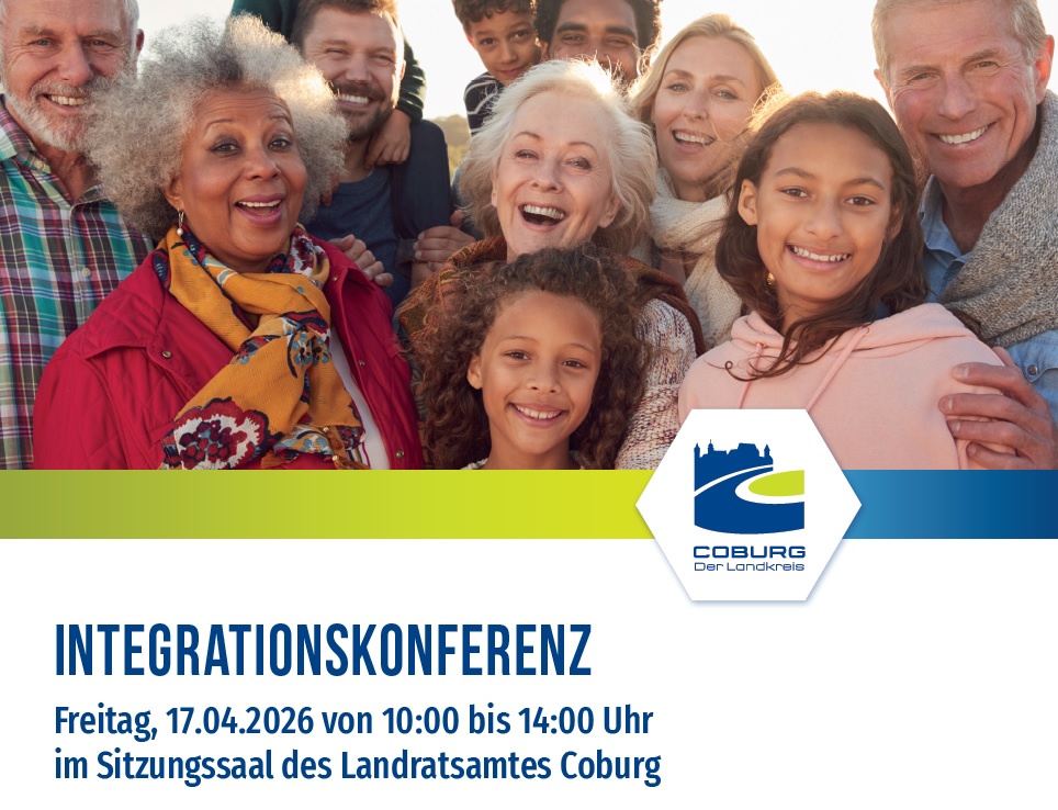 Gruppenbild mit Menschen aus unterschiedlichen Herkunftsländern plus Schriftzug Integrationskonferenz.