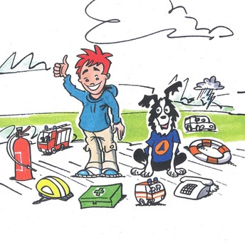 Ein Comicbild mit einem Schuljungen und einem Hund daneben. Der Hund trägt ein T-Shirt mit dem Schriftzug des Bundesamtes für Katastrophenschutz.