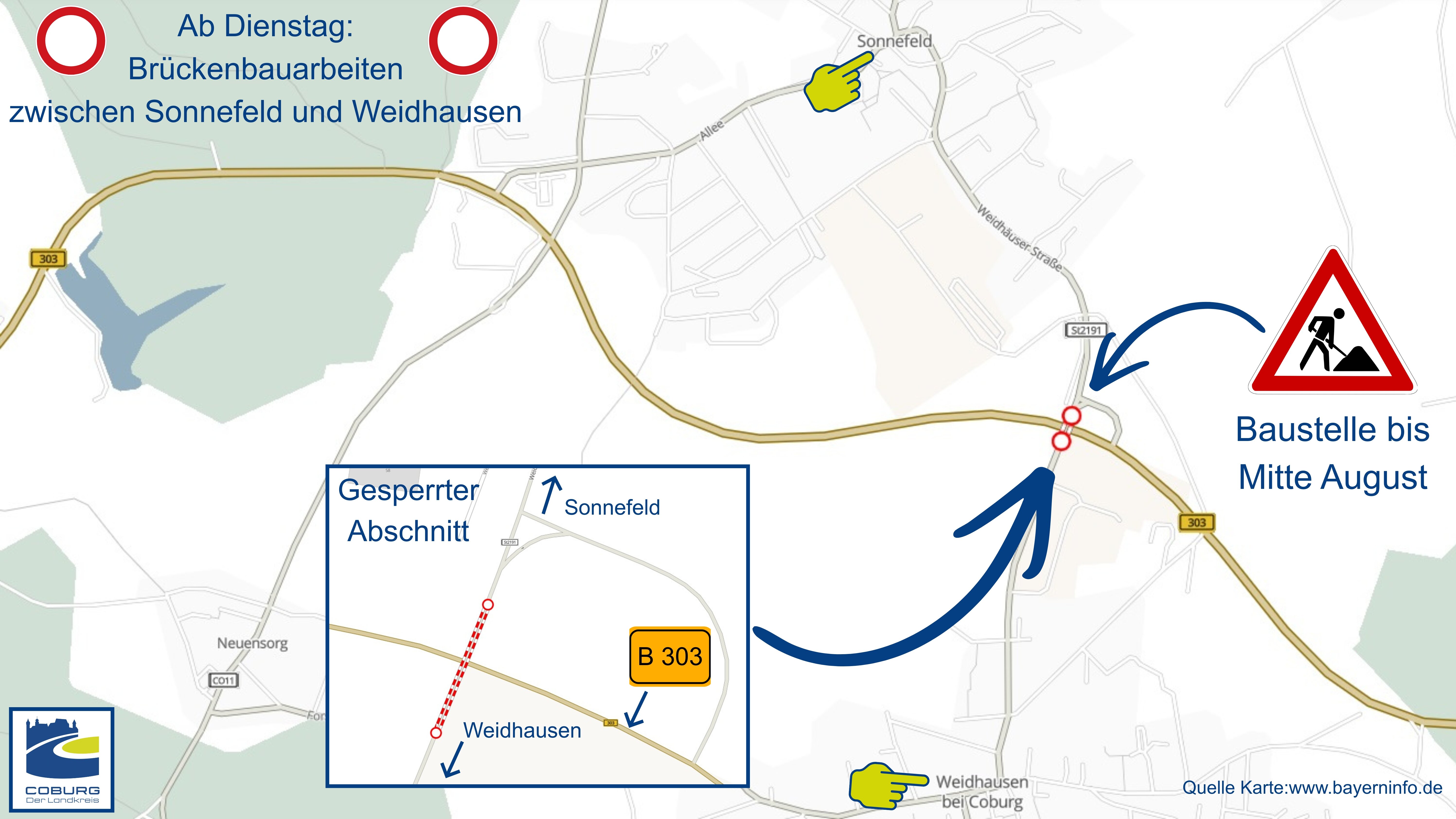 Übersichtgrafik, aus der ersichtlich wird, wo sich die Brücke zwischen den Gemeinden Sonnefeld und Weidhausen befindet.