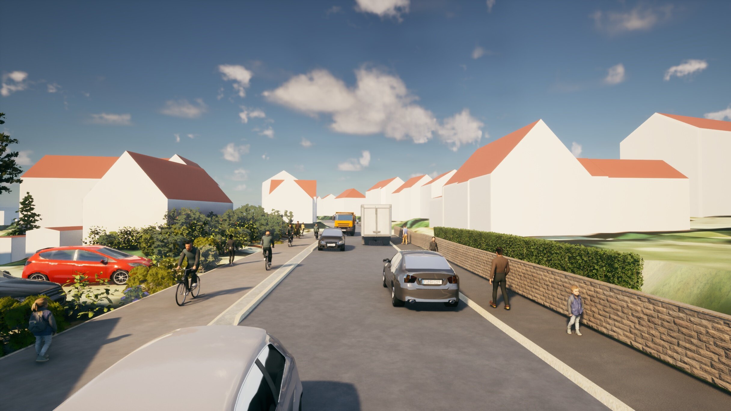 Eine Computeranimation der künftigen Gestaltung der Ortsdurchfahrt Dörfles-Esbach. Wichtig dabei: links ist ein breiter Geh- und Radweg eingezeichnet.