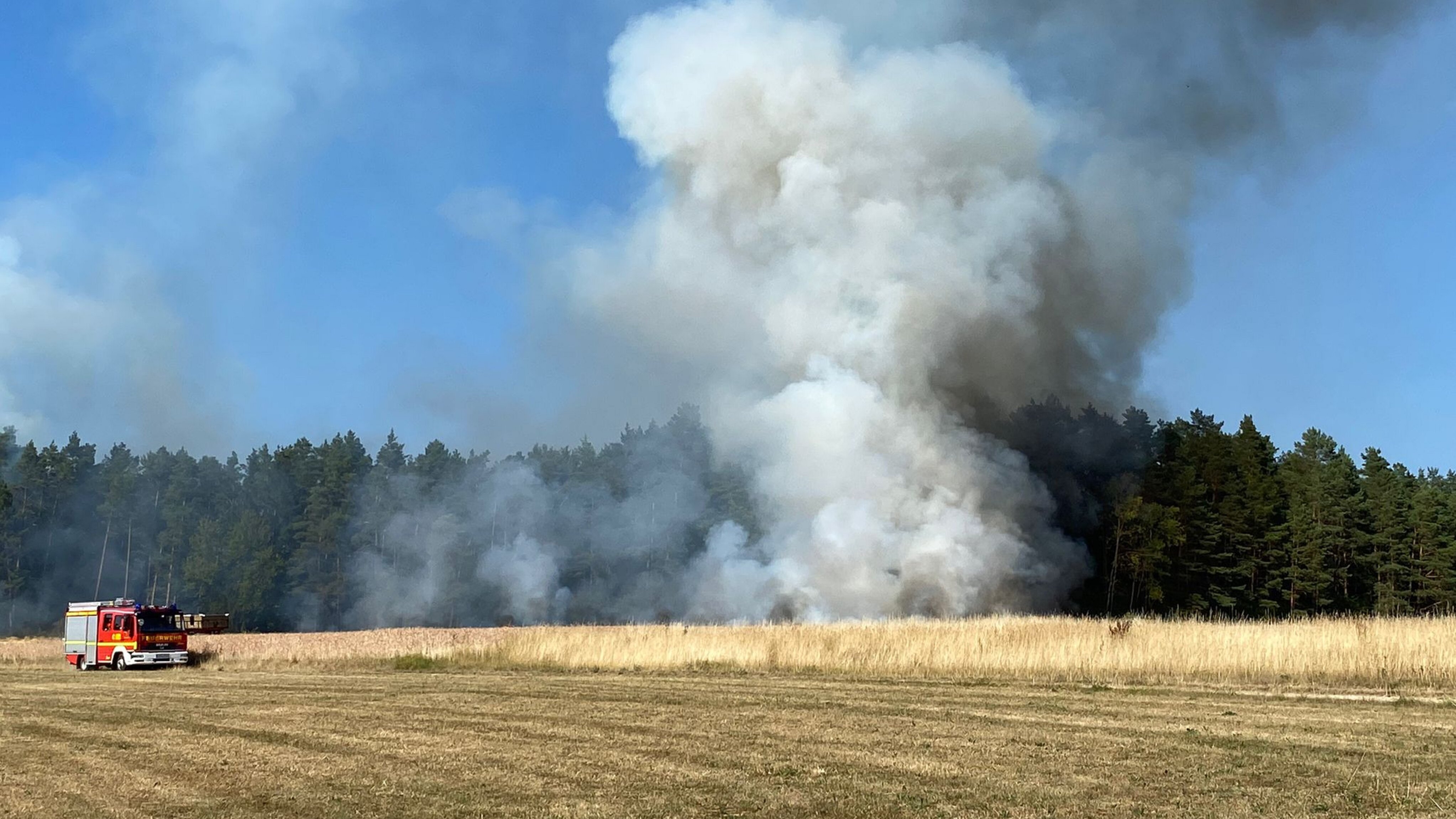 Eine brennende Ackerfläche, von der eine große Rauchwolke aufsteigt. An der Seite des Fotos sind Feuerwehrfahrzeuge zu sehen.