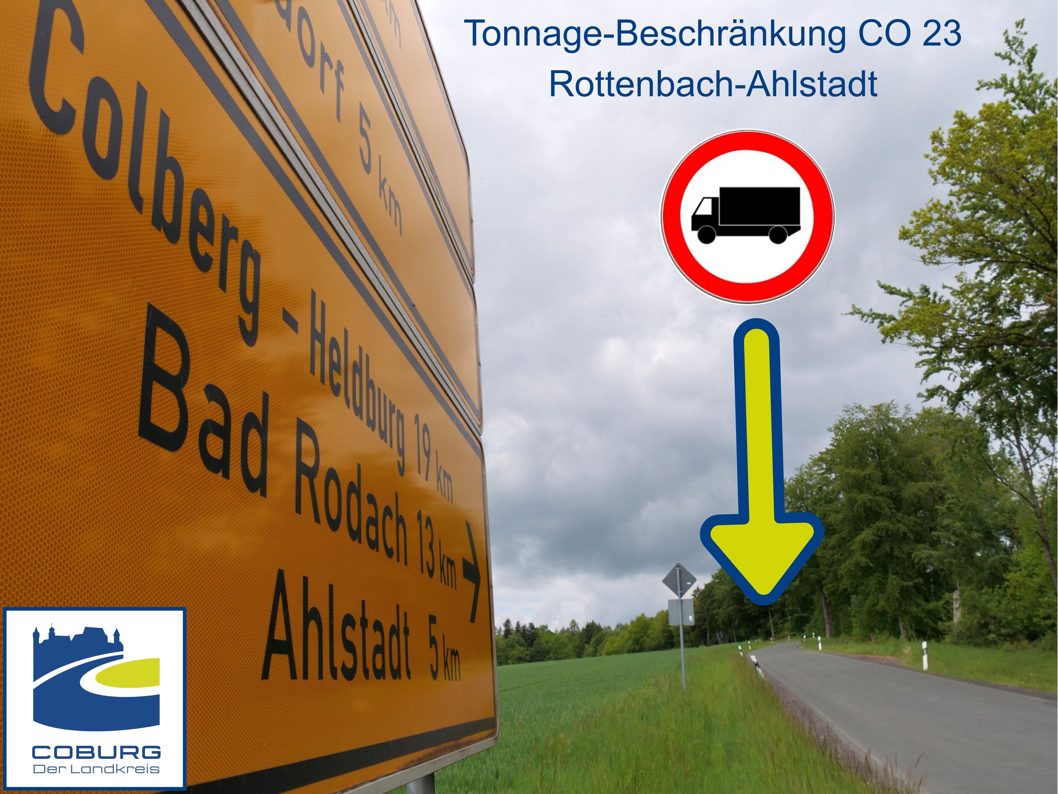 Ein Hinweisschild mit der Aufschrift, dass es bis Rottennach fünf Kilometer sind, daneben die Straße. Ins Bild montiert ist ein Sperrschild für Lastwagen.