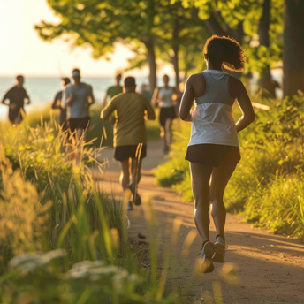 Joggende Menschen am Waldrand während des Sonnenunterganges. 
