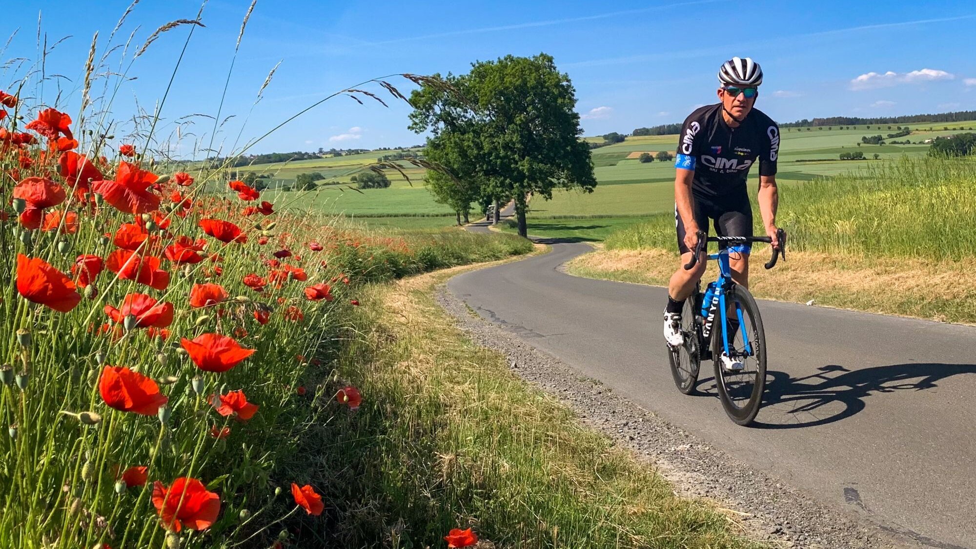 Ein Radfahrer fährt auf einem Feldweg neben einem rot blühendem Mohnfeld.