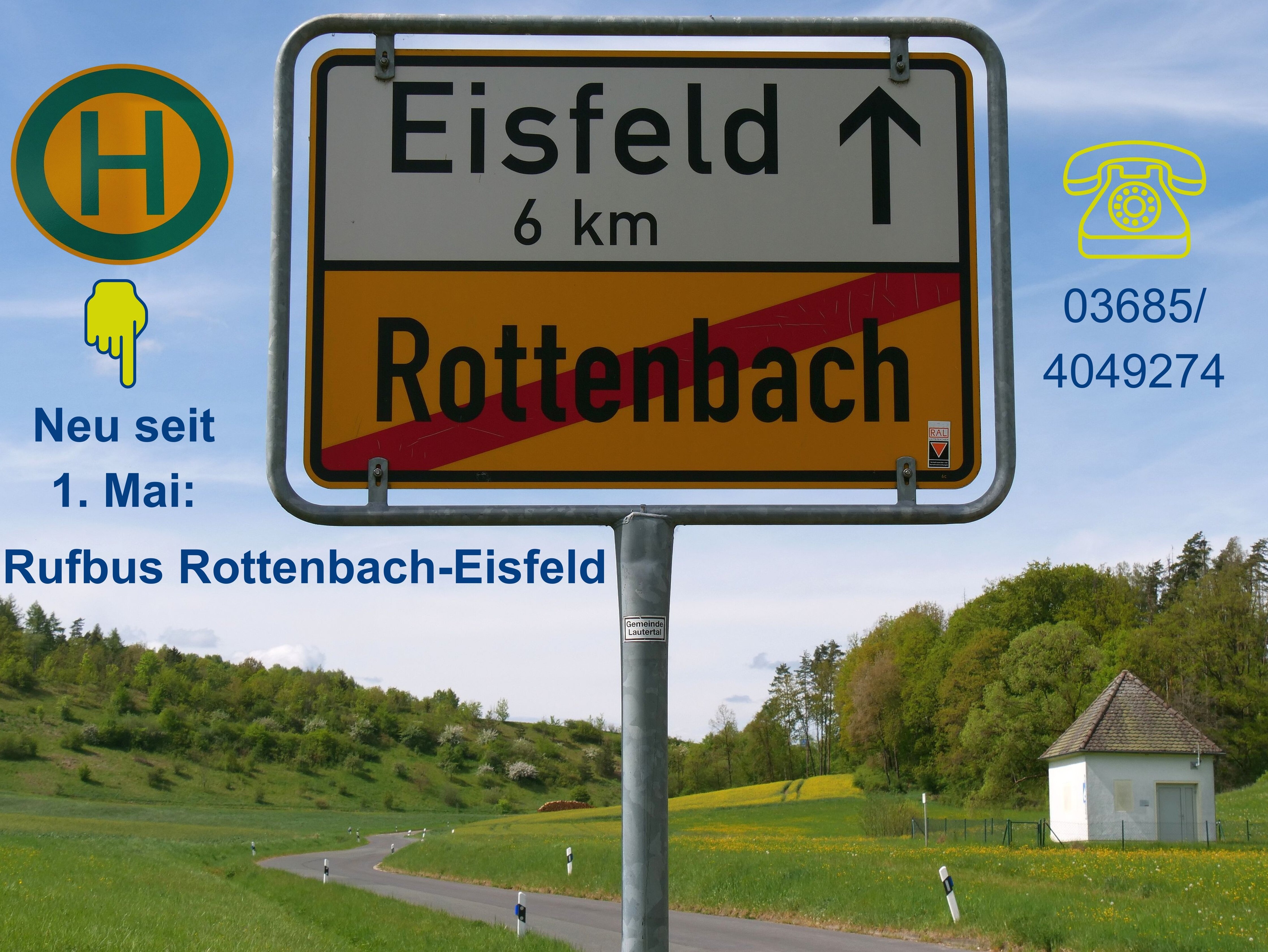 Das Schild am Ortsende von Rottenbach. Rottenbach ist rot durchgestrichen, oben steht Eisfeld mit einem Pfeil und der Angabe von sechs Kilometern Entfernung.